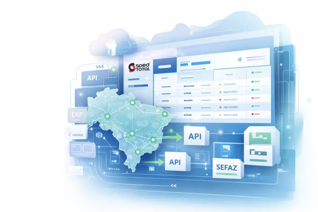 Plataforma de emissão de NFS-e Nacional com integração via API entre ERP, SpedTotal e SEFAZ, mostrando fluxo de dados, validação de XML e comunicação fiscal automatizada no Brasil