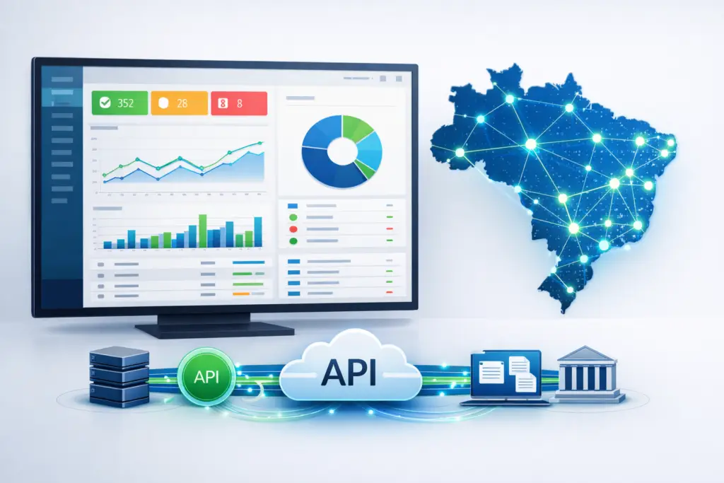 Ilustração de software fiscal com dashboard de notas fiscais, integrações via API e mapa do Brasil conectado digitalmente.